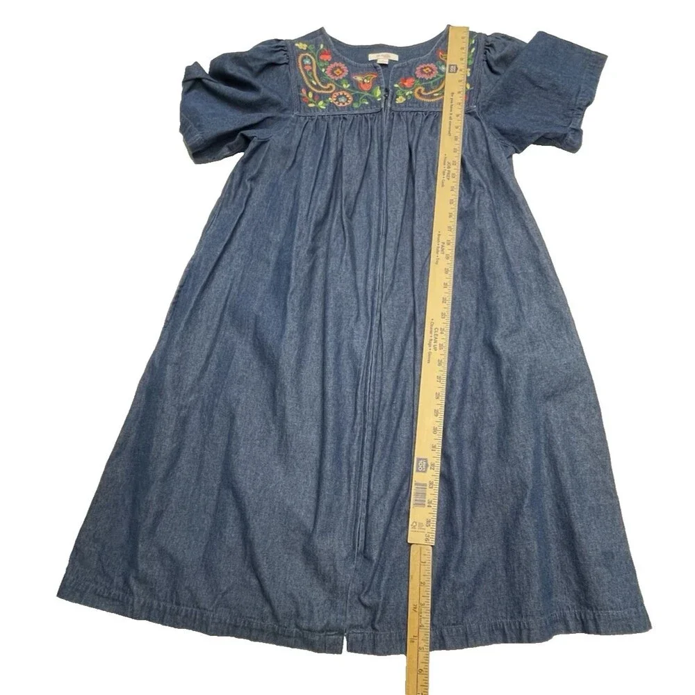 Go Softly Patio Embroidered Full Zip Denim Chambray Housedress Women's Size S